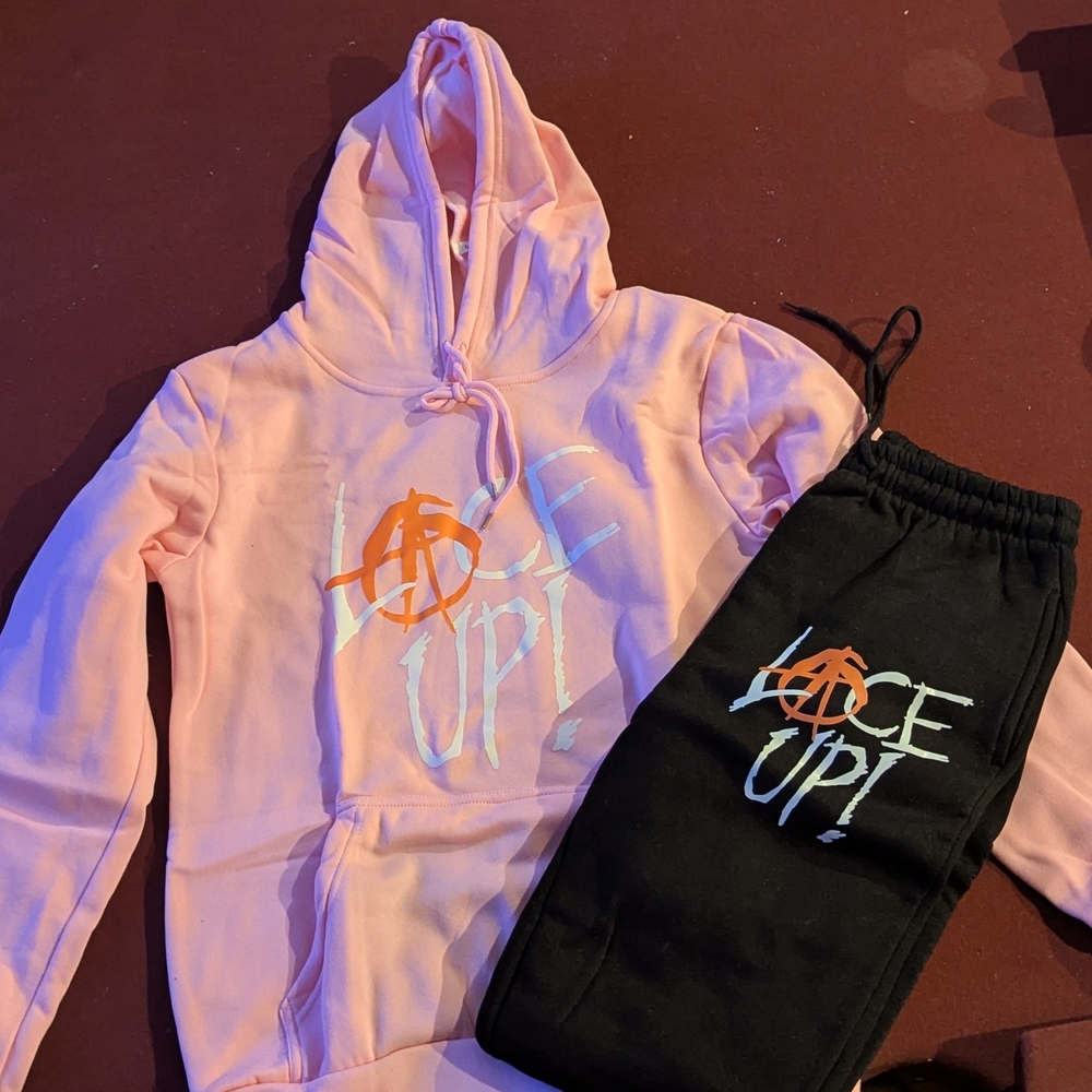 Pink 'Face Up!' Hoodie & Black Sweatpants Set